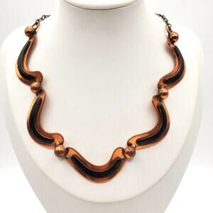Curved Link Copper Necklace Modernist Black Enamel Choker Ball Modernist Vintage